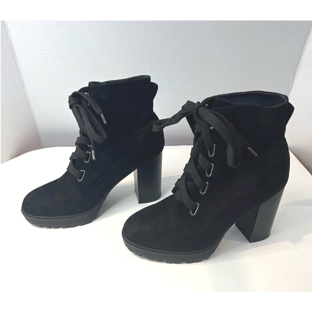 SODA Women's Faux Black Suede Lace Up Ankle Chunky Lug Heel Moto Booties 10